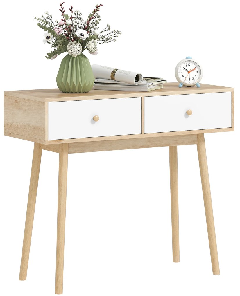 HOMCOM Masă de consolă cu 2 sertare și picioare din lemn, pentru living, intrare, hol, 86 x 35 x 75 cm, stejar și alb | Aosom Romania