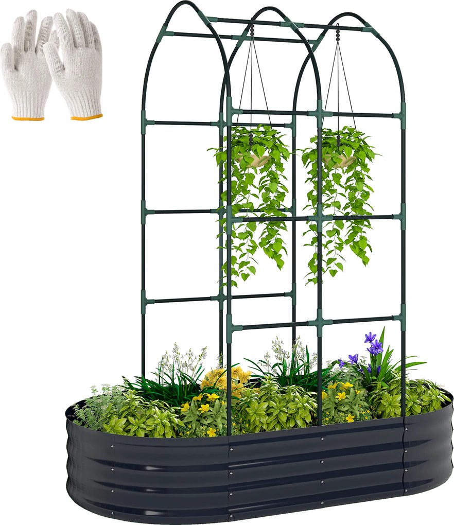 Outsunny Pat înălțat cu spalier, jardiniere metalice cu mănuși cutie de grădină 160 x 90 x 180 cm, Gri închis | Aosom Romania