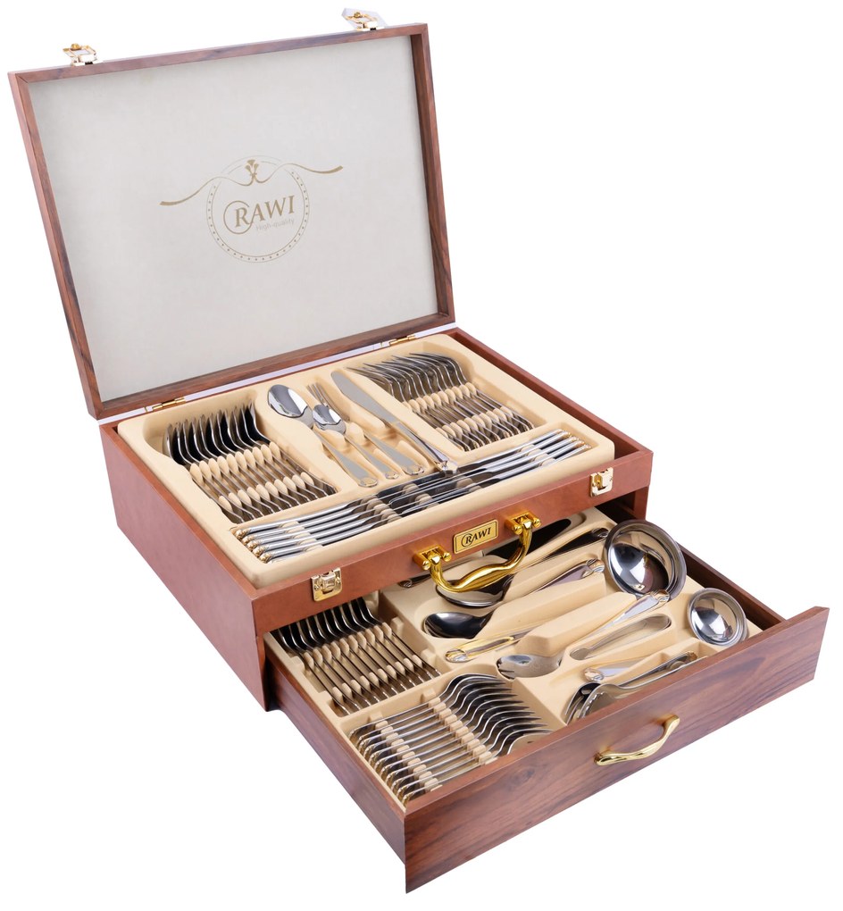 Set tacamuri din inox, cu model, 72 piese cu diplomat, RAWI-G30