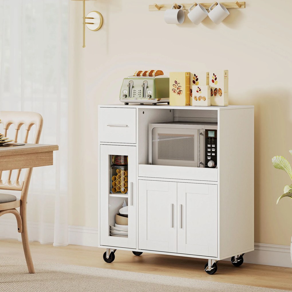 HOMCOM Dulap de bucătărie pe roți, comodă mobilă de bucătărie cu rafturi, sertare, raft reglabil, orificiu pentru cablu, Alb | Aosom Romania