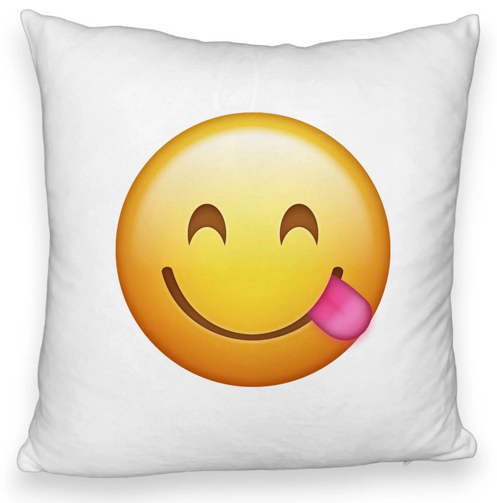 Perna Decorativa Fluffy, Model Emoji cu Limba, 40x40 cm, Alba, Husa Detasabila, Burduf