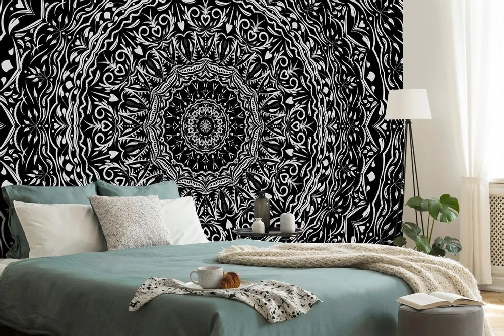 Tapet Mandala în stil vintage în alb-negru