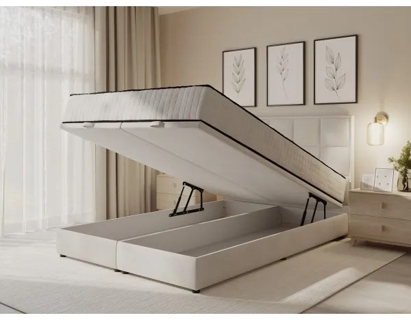 Pat tapițat GRACE 160x200 cm, bej, cu saltele incluse și spațiu de depozitare