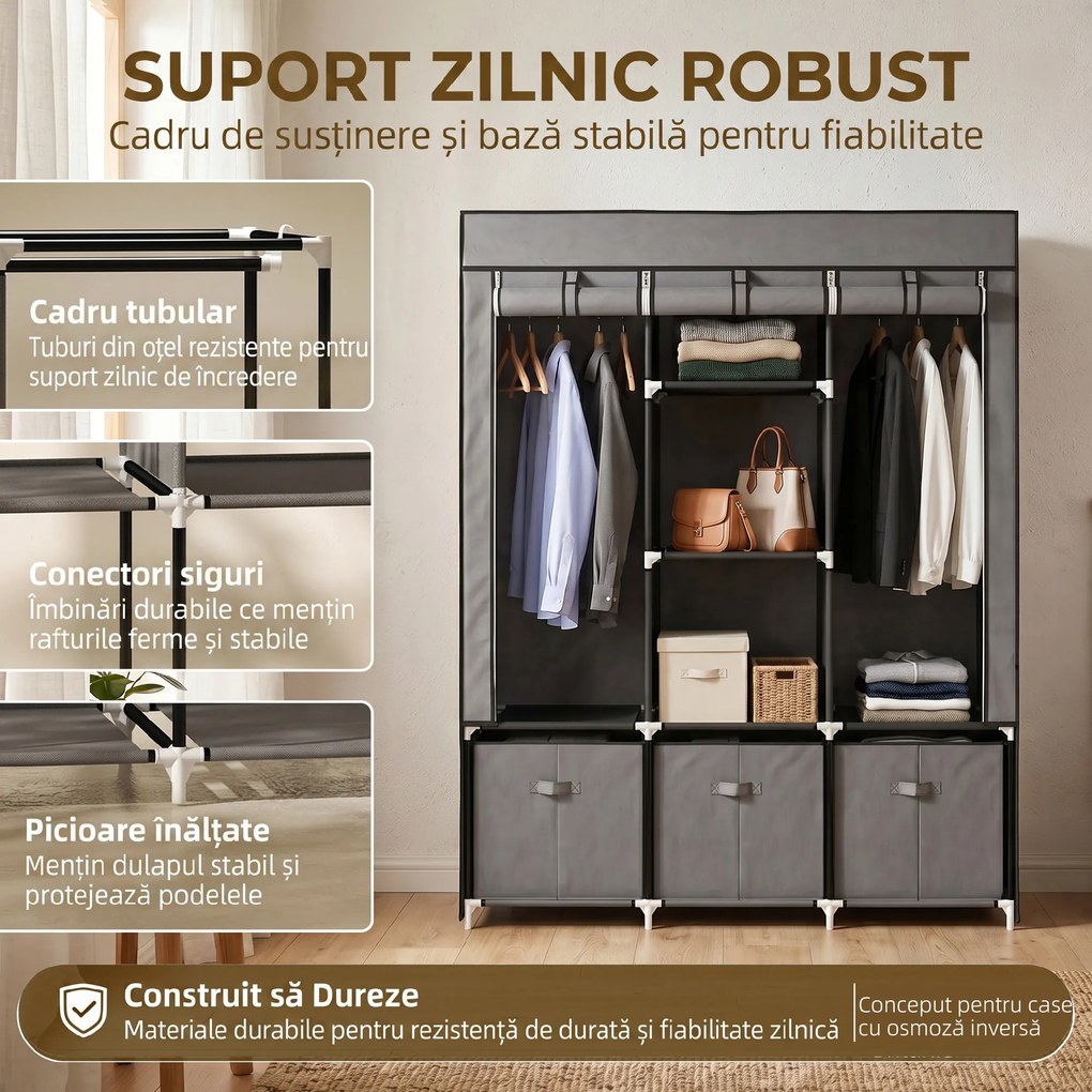 HOMCOM Șifonier din Pânză, Garderob Pliabil cu Rafturi și Sertare, Uși care se Rulează cu Fermoar, 125x43x162.5 cm, Gri | Aosom Romania