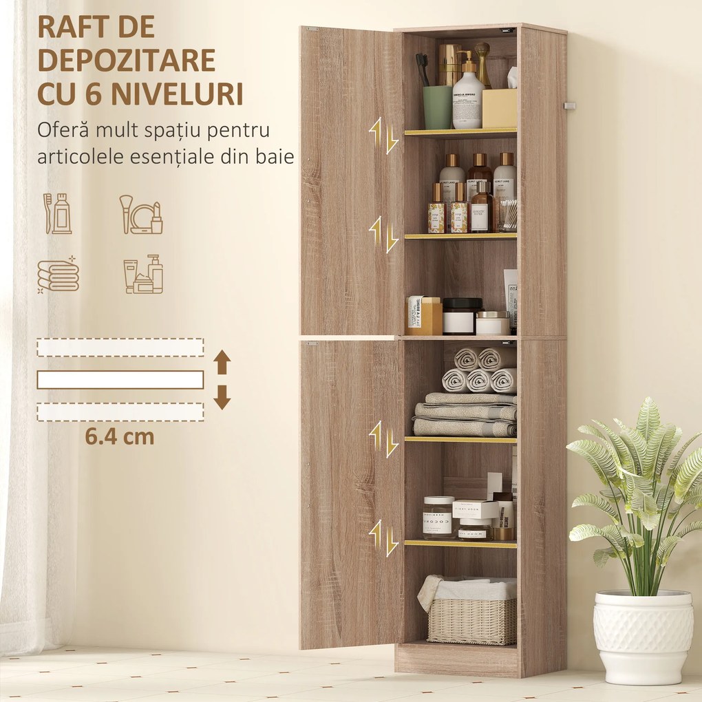HOMCOM Dulap coloană pentru baie cu 2 compartimente și 6 rafturi reglabile, aspect lemn, 40x35x180 cm, culoare lemn | Aosom Romania