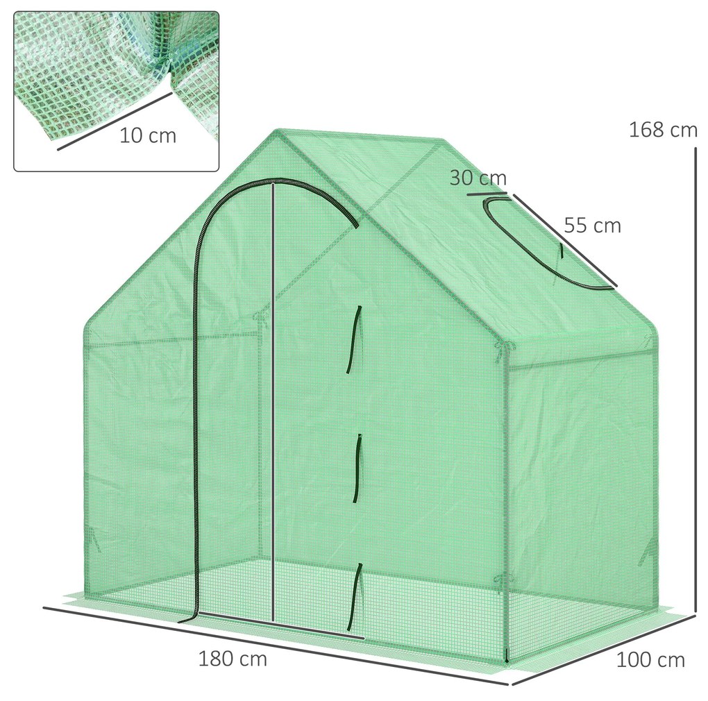 Outsunny Sera Cabina Portabila 180x100cmx168cm, Folie PE, Cadru de Otel, Usa cu Fermoar, Aerisire Superioara, Verde | Aosom Romania