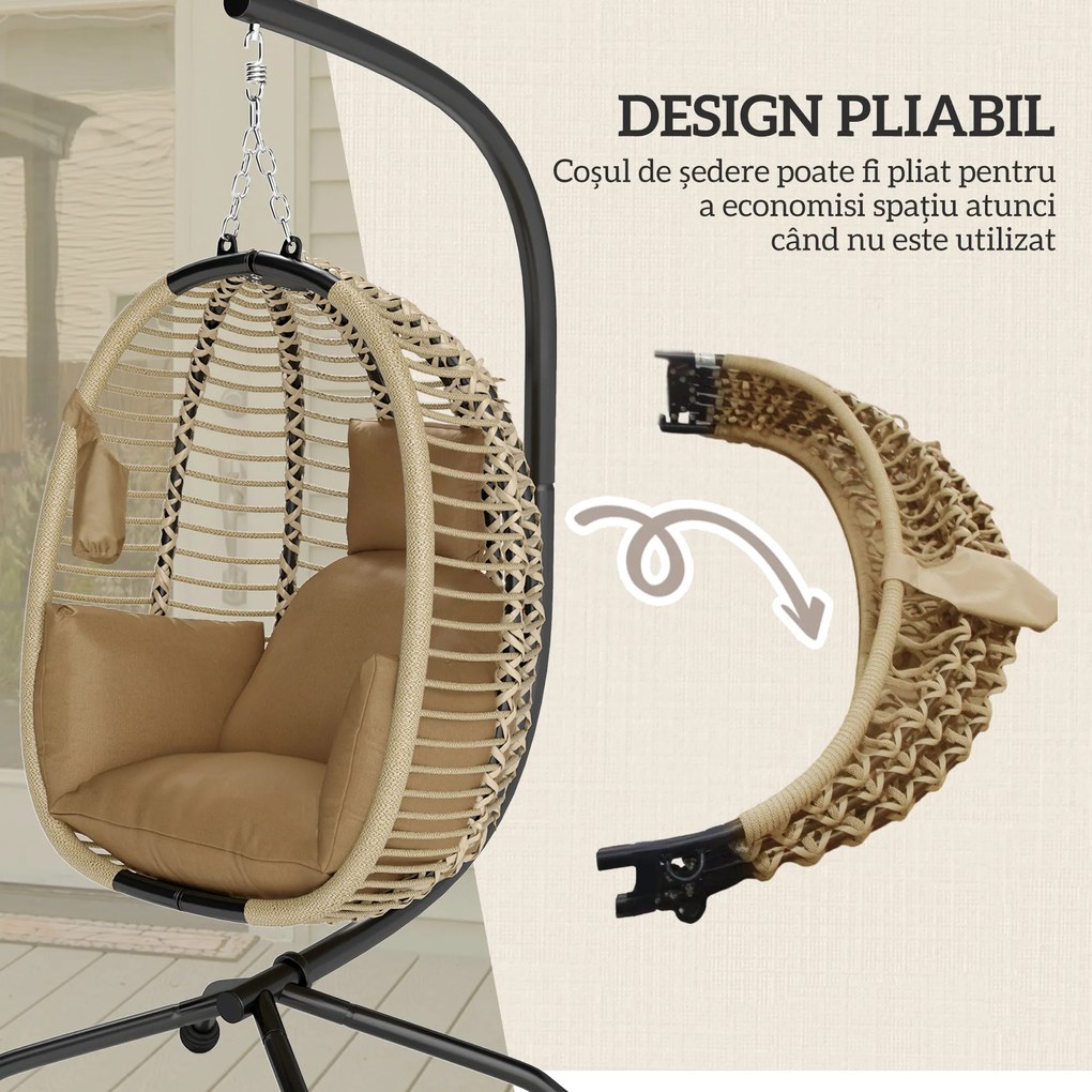 Outsunny Leagăn pentru Exterior cu Pernă Capitonată, Scaun Suspendat pentru Terasă cu Suport Metalic, Cos Pliabil, 110x100x188 cm, Gri | Aosom Romania