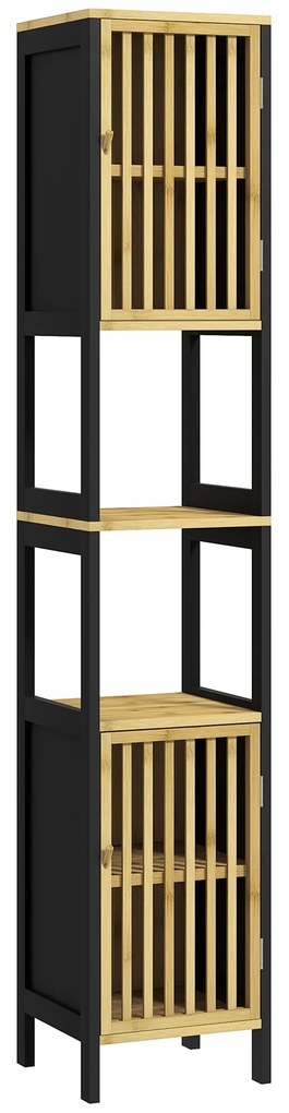 HOMCOM Dulap de Baie Înalt, Dulap de Baie cu 2 Compartimente Deschise, 2 Uși și Rafturi Reglabile, 32x30x172 cm, Negru | Aosom Romania