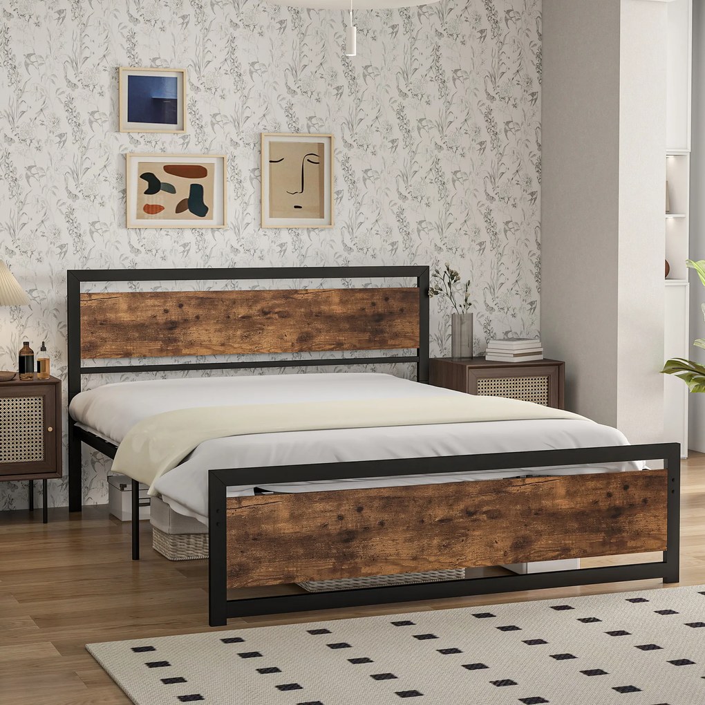 HOMCOM Cadru Pat Matrimonial din Lemn si Otel 160x200cm, Sipci Integrate si Tetiera in Stil Industrial, Negru Maro Rustic