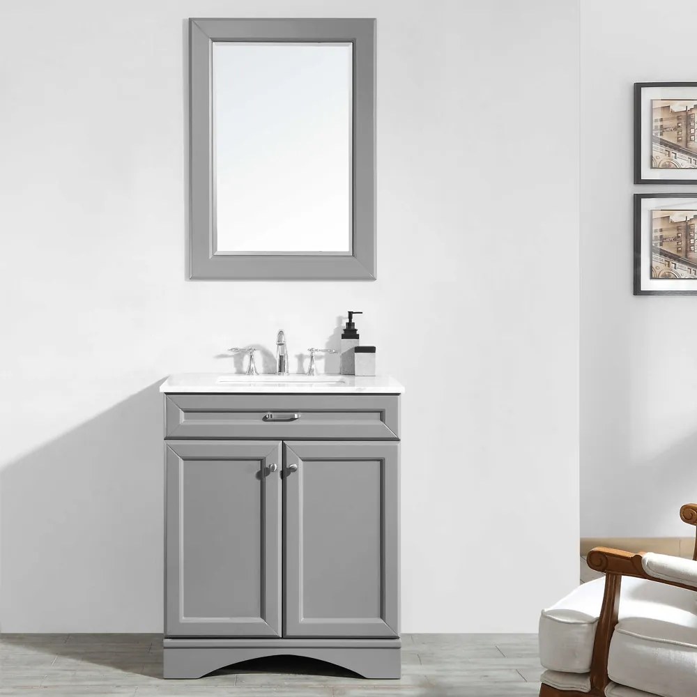 Set mobilier baie, dulap lemn 2 usi cu lavoar, blat quartz + oglinda rama lemn, Porto 76.2x55.8x86 cm, gri
