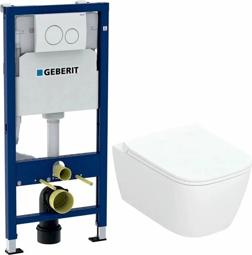 Rezervor WC cu cadru incastrat Geberit Duofix cu clapeta alba Delta20 si vas WC suspendat Smyle TurboFlush alb cu capac softclose