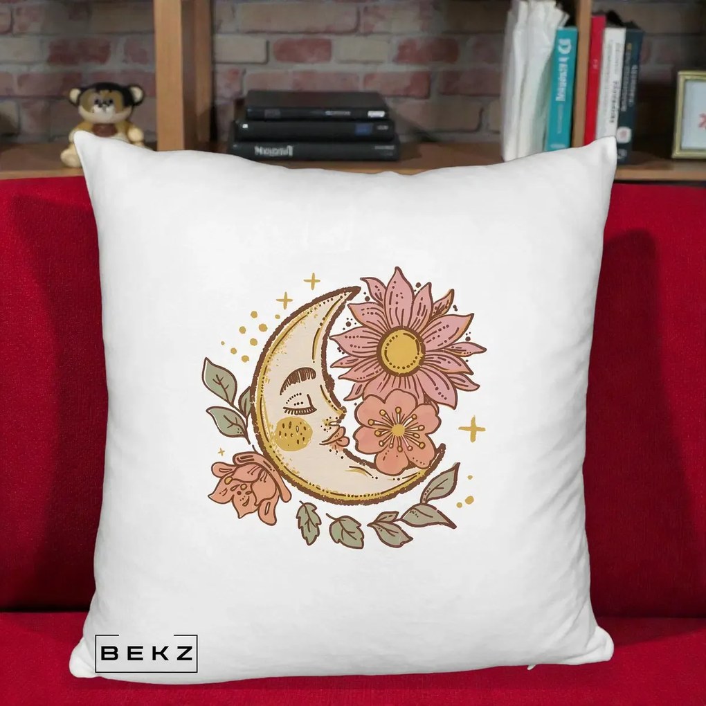 Perna Personalizata Luna Boho Chip Floral, 40x40 cm, Alb Pufos, Husa Detasabila, Perna Inclusa, BEKZ®