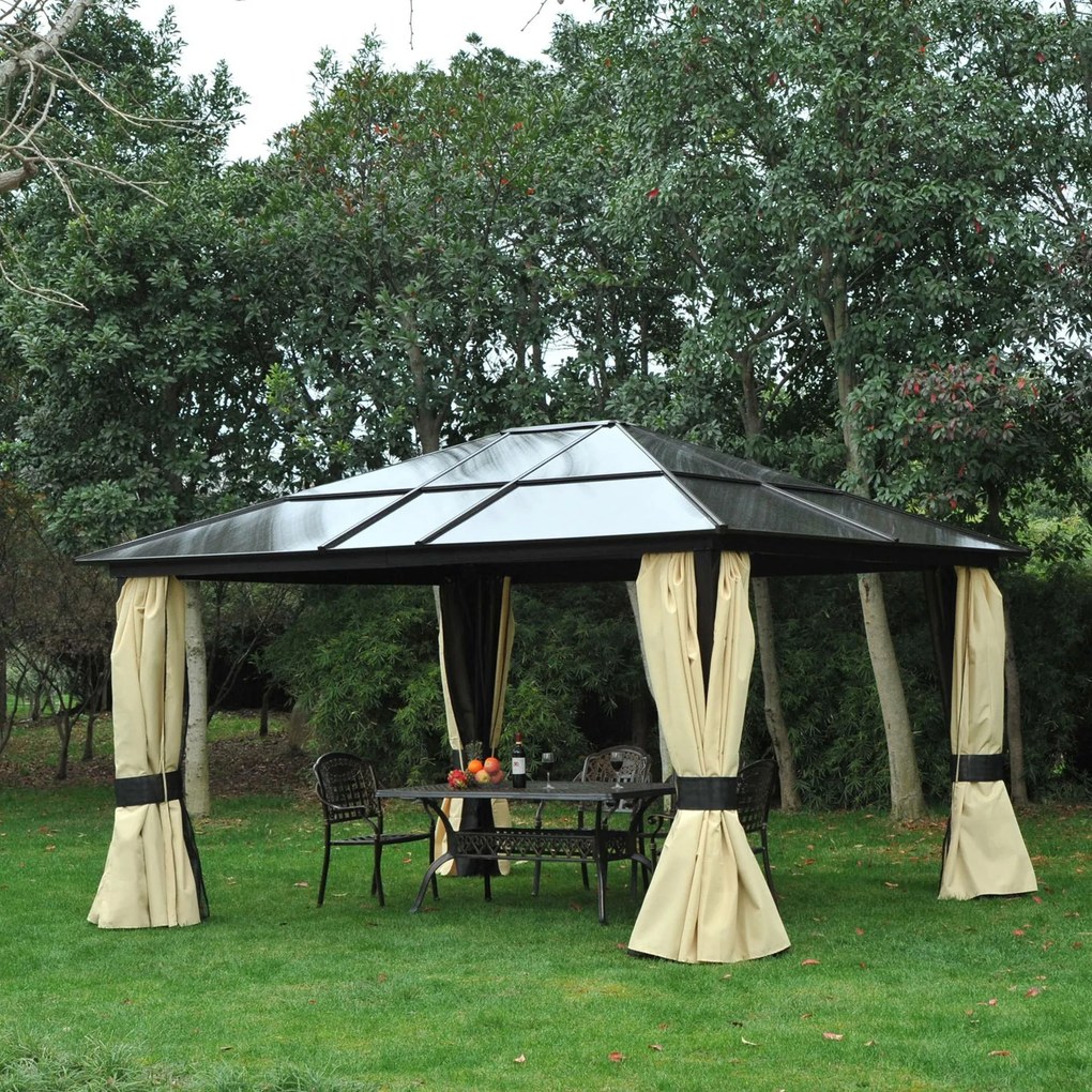 Outsunny Pavilion de grădină Hardtop 4.2 x 3.6 m, Draperii cu plasă împotriva insectelor, Structură din aluminiu, Maro+Crem | Aosom Romania
