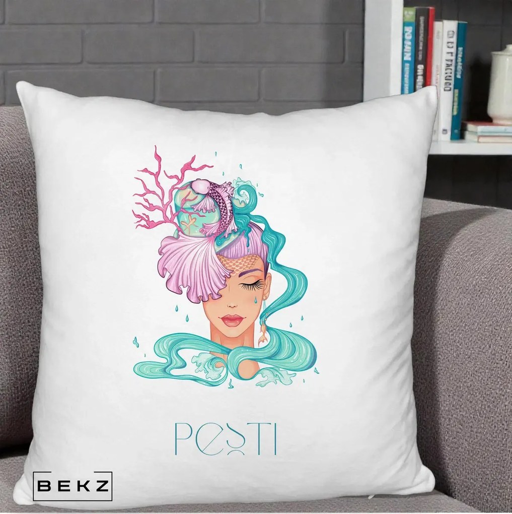Perna Personalizata Zodiac Pesti Cowgirl, 40x40 cm, Alb Pufos, Husa Detasabila, Perna Inclusa, BEKZ®