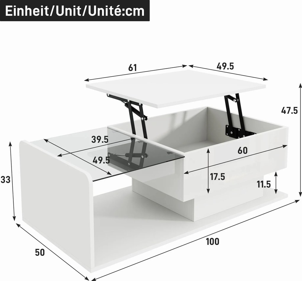 Masă de cafea cu înălțime reglabilă, cu sticlă și bandă LED, 100x50x33/47,5 cm, Alb