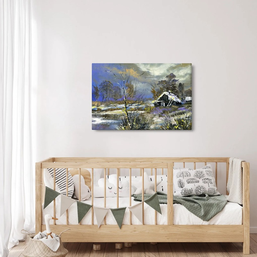 Tablou -Cabane într-un peisaj de iarnă, pictură în ulei (90x60 cm)