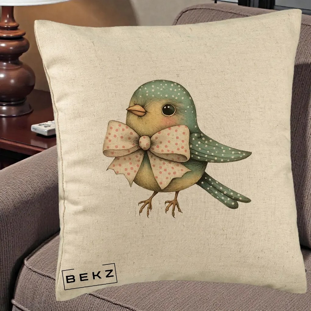 Perna Decorativa Pasare Teal cu Fundita cu Buline, 40x40 cm, Bej, Husa Detasabila, Perna Inclusa, BEKZ®