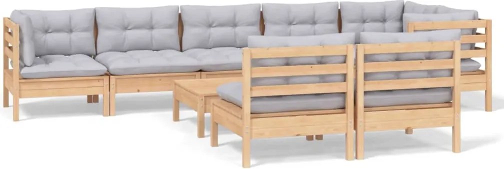vidaXL Set mobilier de grădină cu perne gri, 9 piese, lemn masiv pin