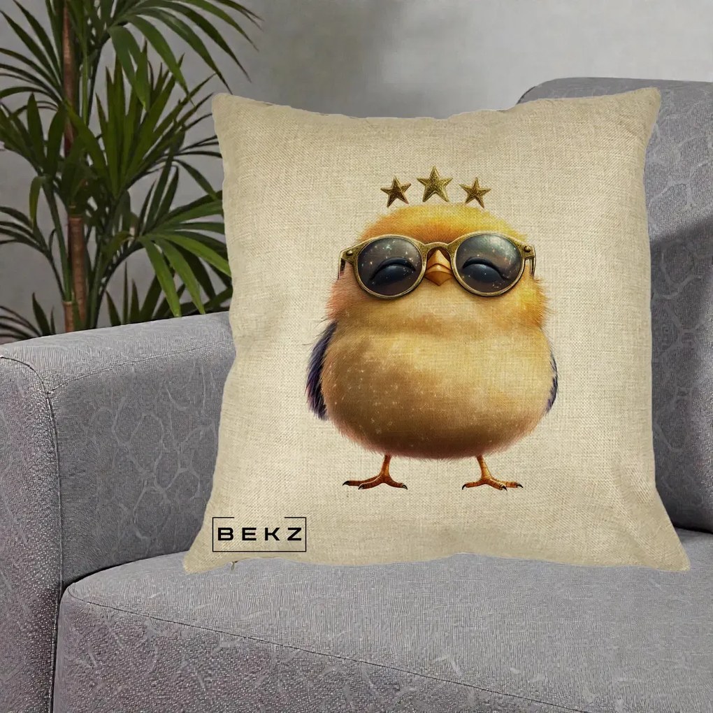 Perna Decorativa Pui Gold Star cu Ochelari Aurii, 40x40 cm, Crem, Husa Detasabila, Perna Inclusa, BEKZ®