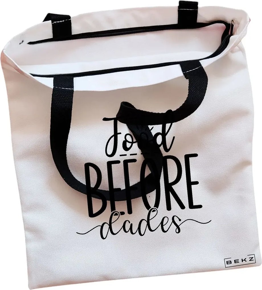 Sacosa de Panza pentru Cumparaturi, Geanta Tote, model Food before dudes, Cu fermoar, 38x34.5 cm, Alba, BEKZ®