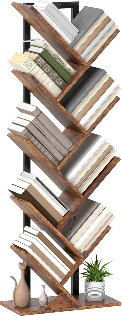 HOMCOM Bibliotecă în formă de copac cu 9 niveluri, corp de depozitare industrial cu cadru din oțel, 50x24x136cm, Maro rustic | Aosom Romania