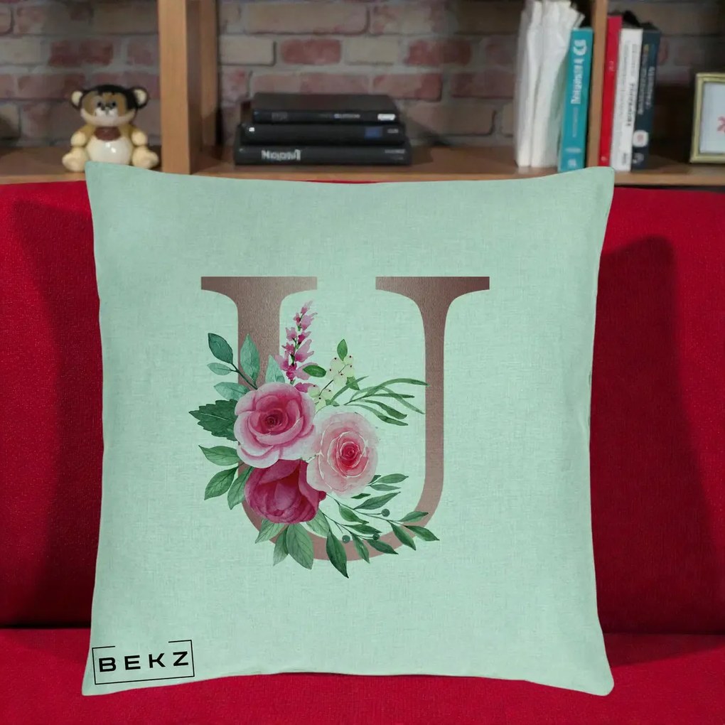 Cadou Personalizat - Perna Personalizata Monograma Rose Gold Litera U, 40x40 cm, Verde Menta, Husa Detasabila, Perna Inclusa, BEKZ®