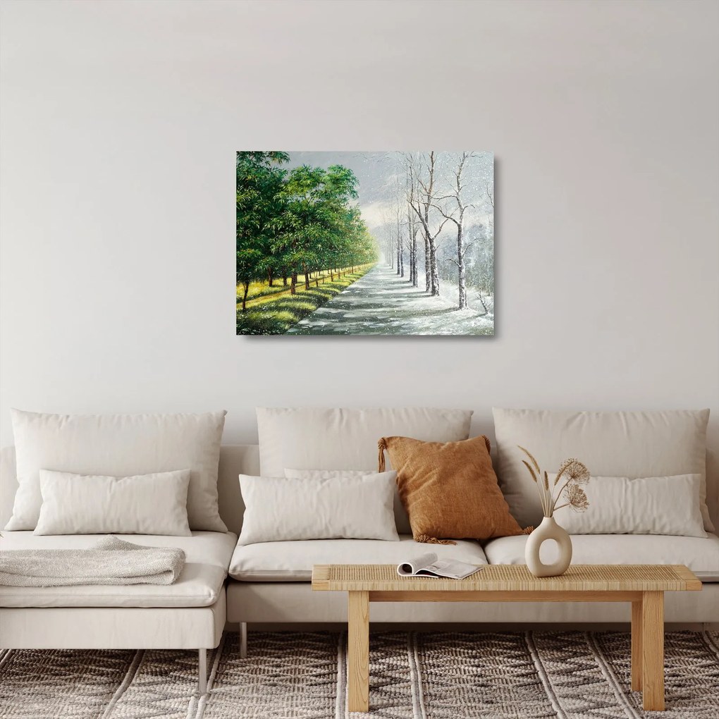 Tablou pe sticlă - Iarna versus vara (70x50 cm)