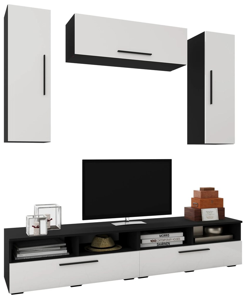 Living Kos V18, Negru/Alb Lucios, MDF, L 190 cm