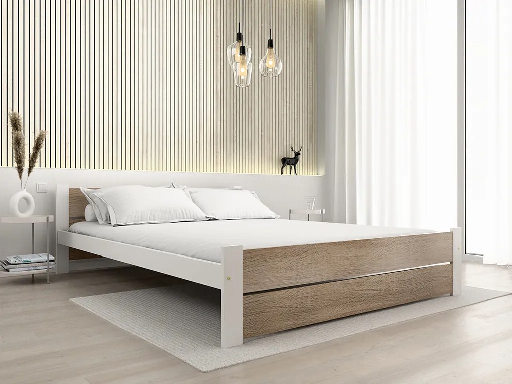 Pat dublu Culoare alb/stejar sonoma, IKAROS DOUBLE 160 x 200 cm Saltele: Cu saltele Deluxe 10 cm, Somiera pat: Cu lamele curbate