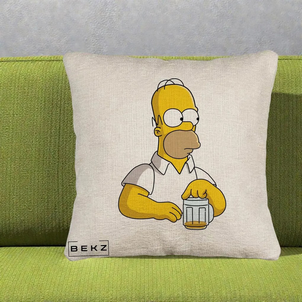 Perna Personalizata Homer Simpson cu Bere, 40x40 cm, Bej Canapea, Husa Detasabila, Perna Inclusa, BEKZ®