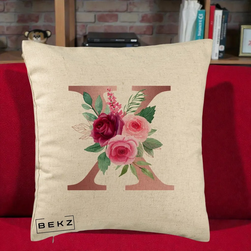 Cadou Personalizat - Perna Personalizata Monograma Rose Gold Litera X, 40x40 cm, Bej, Husa Detasabila, Perna Inclusa, BEKZ®