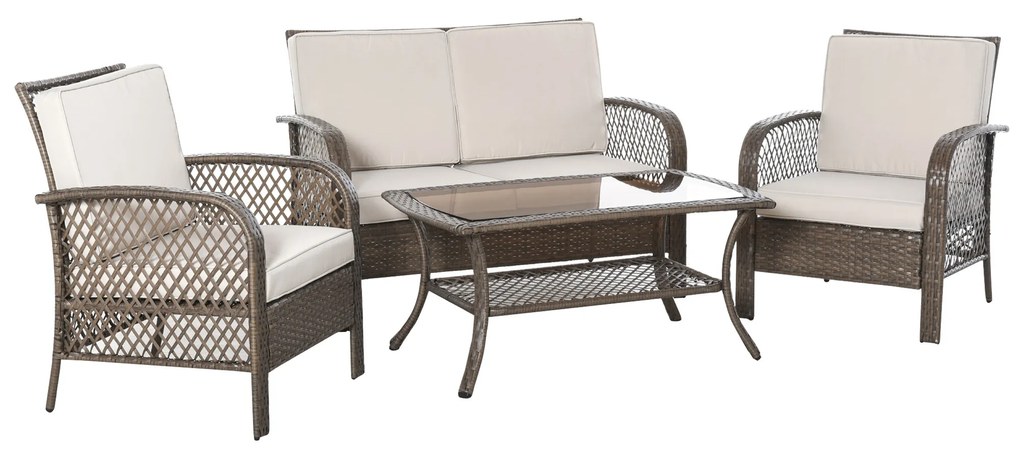 Set Mobilier de Gradina din Ratan Maro Outsunny, 4 piese, Perne Puf Kaki | Aosom Romania