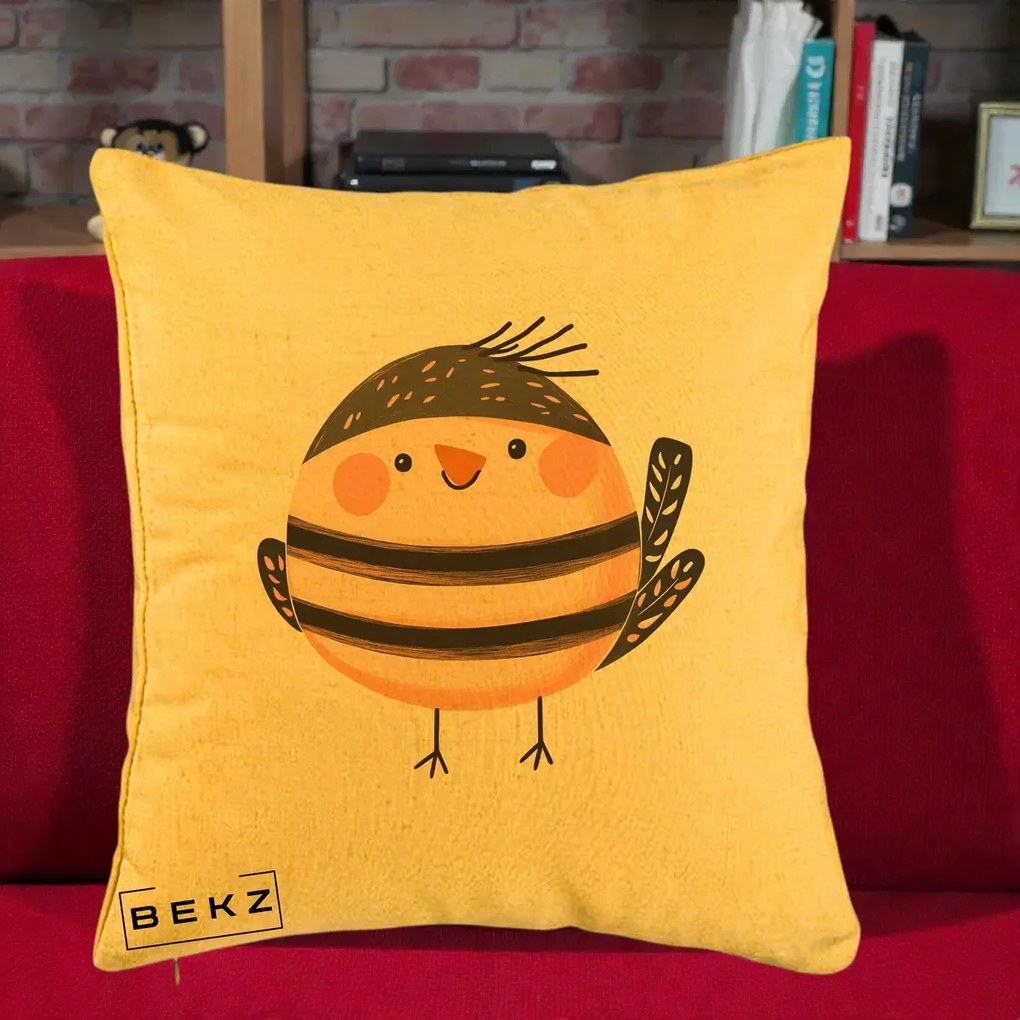 Perna Decorativa Pui Kawaii Bej-Negru Dungat, 40x40 cm, Galben, Husa Detasabila, Perna Inclusa, BEKZ®