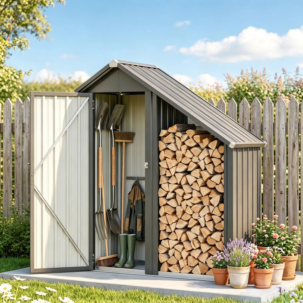 Outsunny Șopron Exterior pentru Lemne cu Dulap pentru Unelte, 0,77 m², 150x66x162 cm, Din Oțel Galvanizat, Gri Închis | Aosom Romania