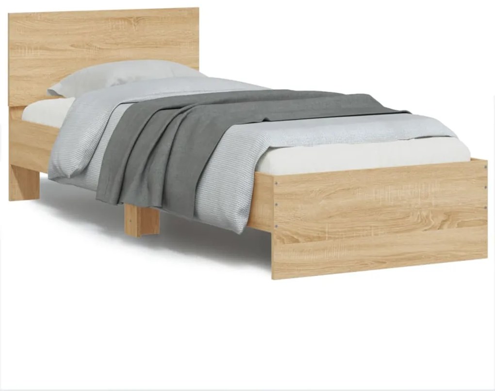 vidaXL Cadru de pat cu tăblie și lumini LED, stejar sonoma, 75x190 cm