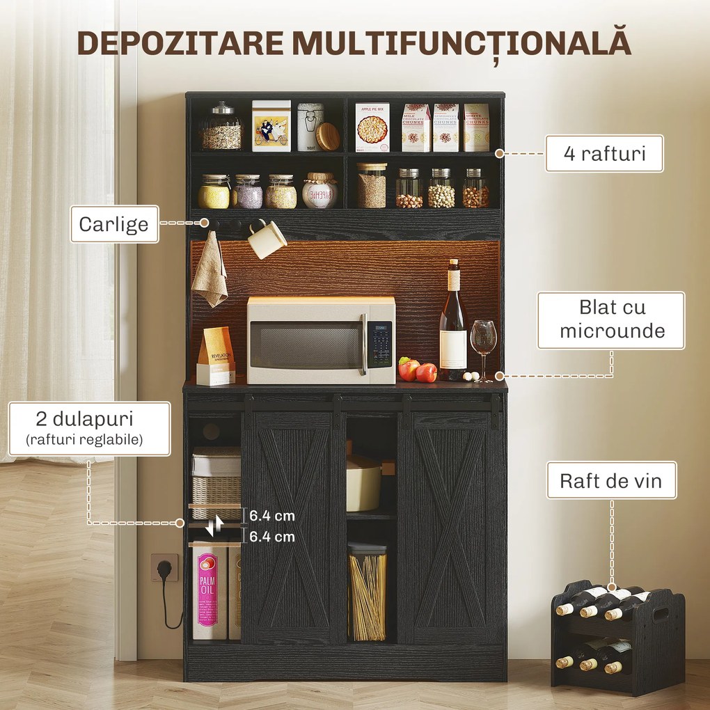 HOMCOM Bufet de Bucătărie cu Suport pentru Sticle, Priză și Iluminare LED, Negru | Aosom Romania