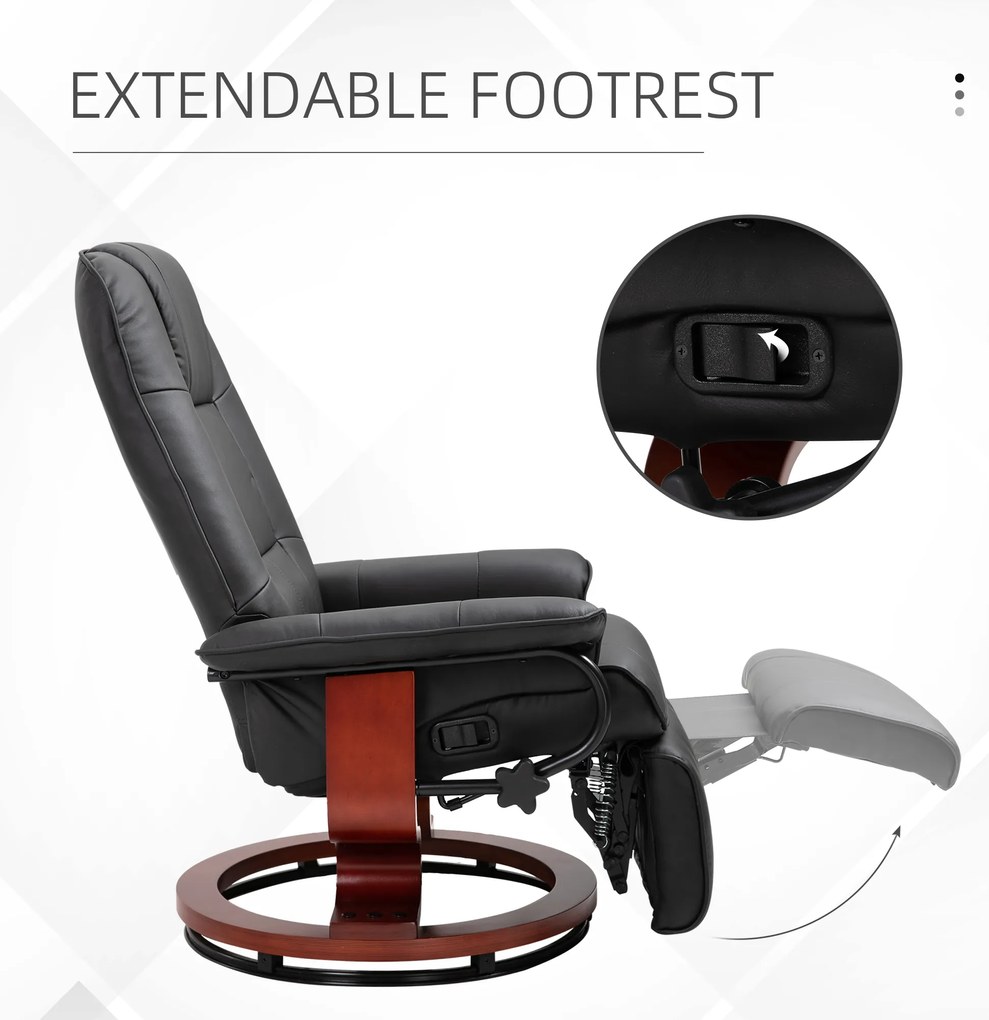 HOMCOM Fotoliu Rabatabil Manual 145° cu Suport pentru Picioare Imitație de Piele Negru | Aosom Romania