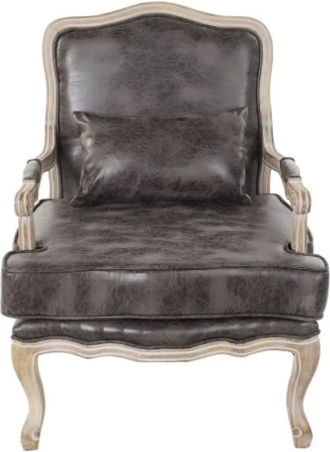 Fotoliu clasic maro din piele ecologică cu aspect vintage, cadru din lemn de cauciuc, stil Louis XV, 70 x 66 x 94 cm, „Lavigne”