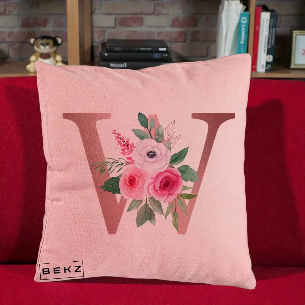 Cadou Personalizat - Perna Personalizata Monograma Rose Gold Litera W cu Trandafiri si Anemona, 40x40 cm, Roz, Husa Detasabila, Perna Inclusa, BEKZ®