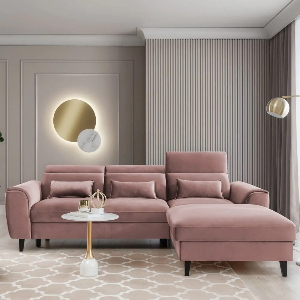 Colțar roz extensibil/cu spațiu de depozitare cu tapițerie din catifea (cu colț pe partea dreaptă/cu șezlong) Foble – ELTAP