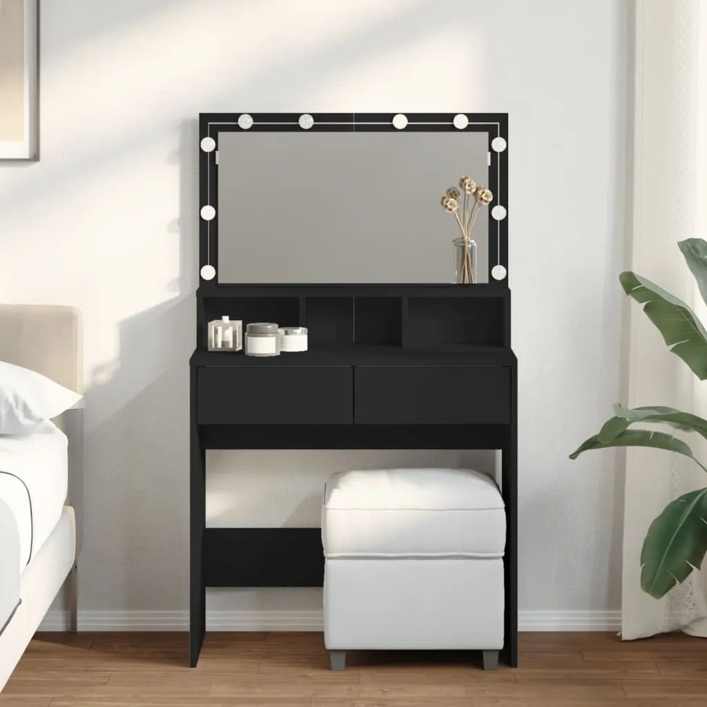 vidaXL Masă de toaletă cu LED, negru, 80x41x134,5 cm