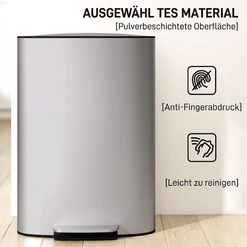 HOMCOM Coș de Gunoi cu Pedală de 50L cu Capac Amortizat, Deschidere la 90° și Găleată Detașabilă, Oțel Inoxidabil, Gri | Aosom Romania