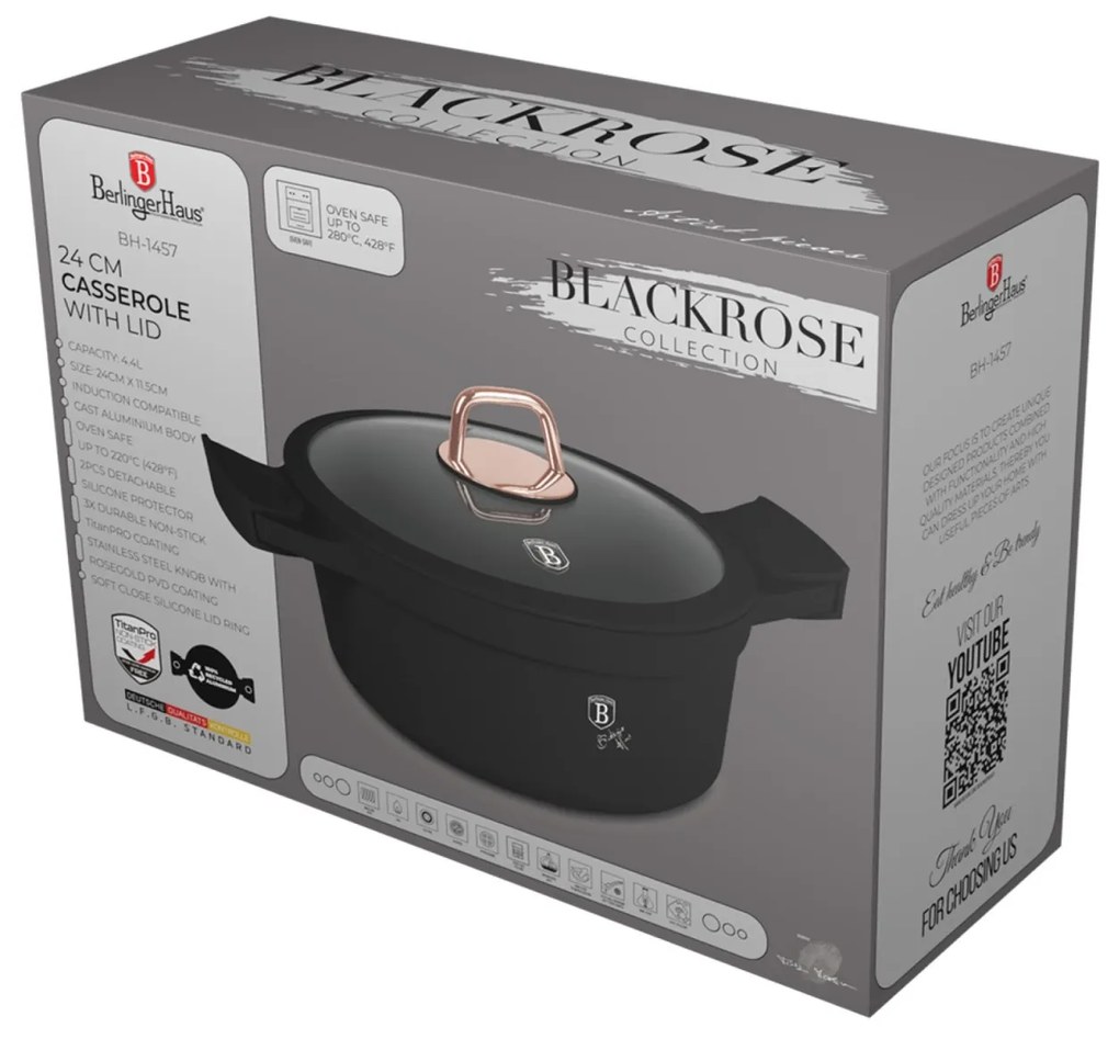 Oala cu capac si manere de silicon detasabile 24 cm, 4,4L Black Rose Berlinger Haus BH 1457, antiaderent, titan, negru