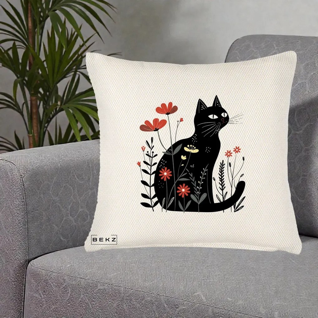 Perna Decorativa Pisica Neagra Flori Rosii Folk, 40x40 cm, Crem Reliefat, Husa Detasabila, Perna Inclusa, BEKZ®