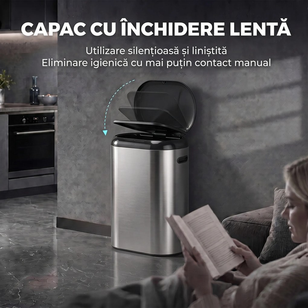 HOMCOM Coș de gunoi automat cu senzor cu infraroșu, 50 l, din oțel inoxidabil anti-amprentă, cu închidere amortizată, argintiu | Aosom Romania