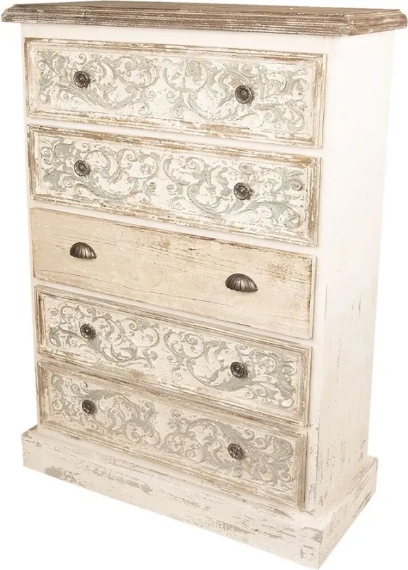 Comodă înaltă vintage, shabby chic, din lemn, alb, cu 5 sertare, blat natur și decor în relief, 120 x 85 x 36 cm, „Benevola”