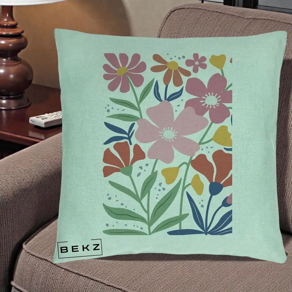 Perna Decorativa Flori Grafice Roz si Terracotta, 40x40 cm, Verde Menta, Husa Detasabila, Perna Inclusa, BEKZ®
