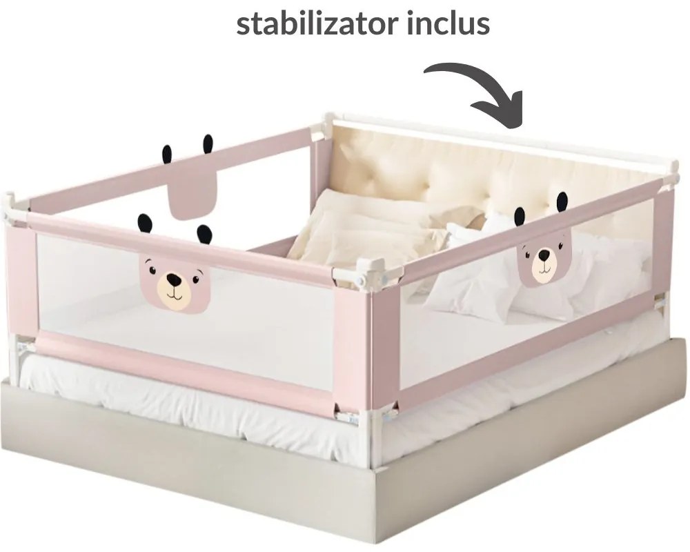 Set 3 bariere protectie pat culisante XXL + STABILIZATOR pentru pat 180x200 cm Kidizi Funny Bear Pink, certificare EN71, inaltime ajustabila 72-100 cm