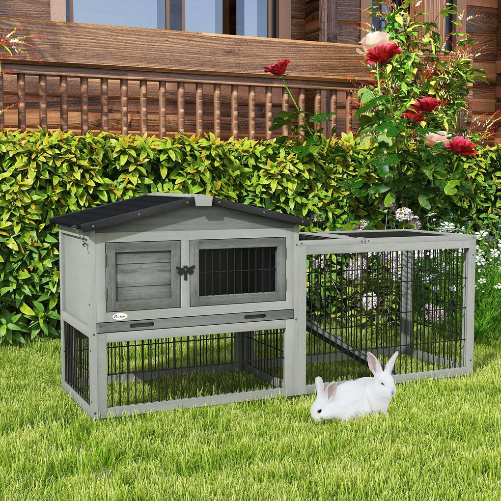 PawHut Cuib Exterior din Lemn de Brad cu Rampă, Acoperiș Rabatabil Impermeabil, Sertar Detașabil, Cuib pentru Iepuri, Animale Mici, Gri Deschis | Aosom Romania
