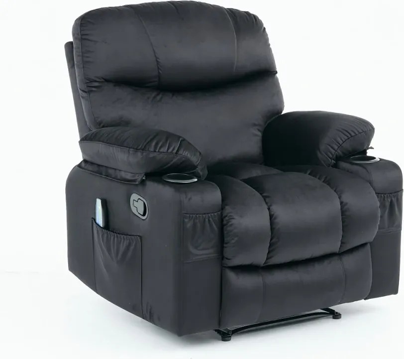 Fotoliu Masaj, Incalzire, rabatabil, sezut cu arcuri metalice, suport picioare extensibil, Catifea, Negru